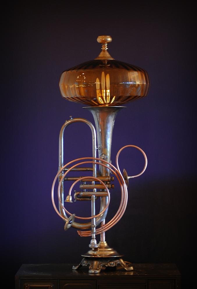 Lamp made from upcycled silver musical instrument, marble and glass. 